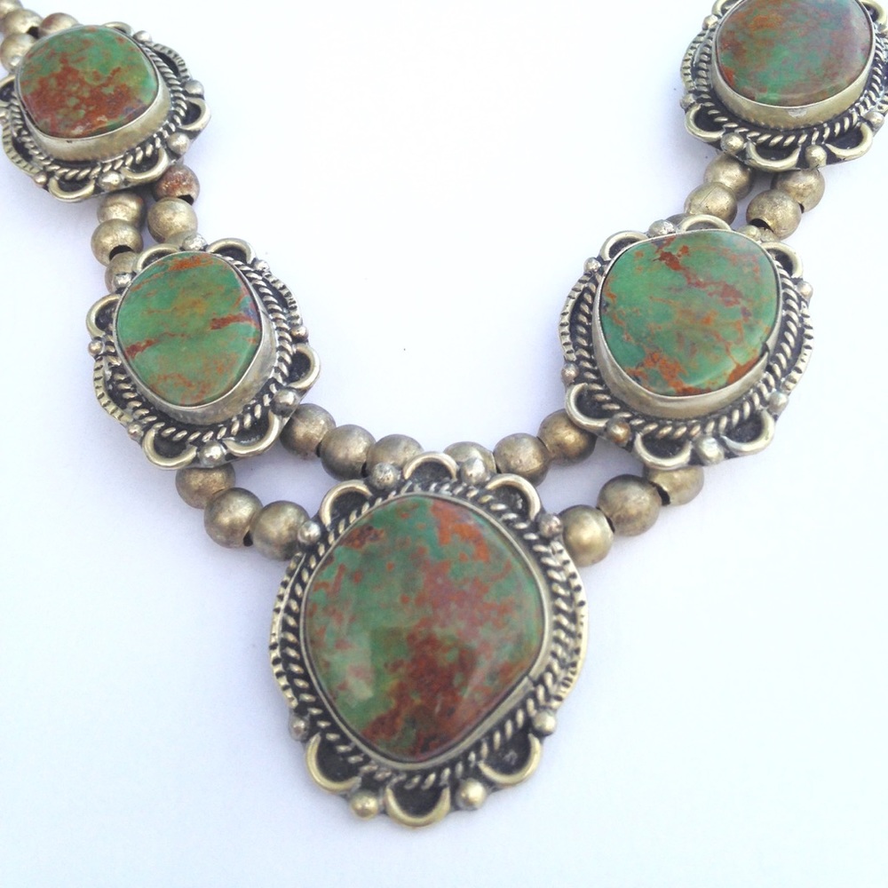 Old Green Turquoise Silver bead necklace signed!